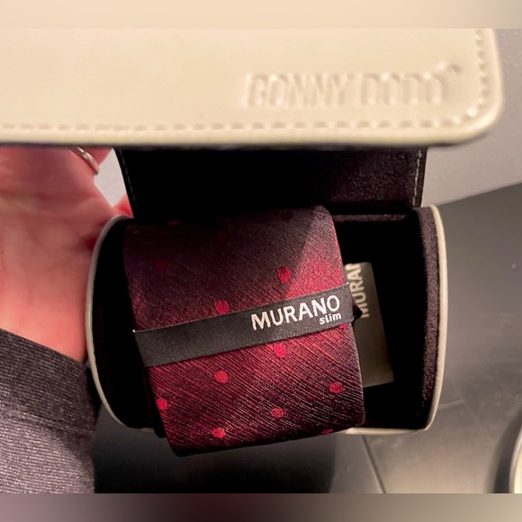 2Pc Murano High Sheen Red/black Tie& Leather Tie Case - Picture 7 of 10